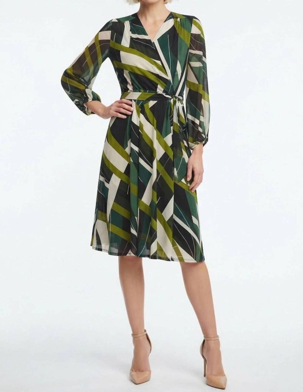 NEW SANDRA DARREN abstract a-line dress in green taupe